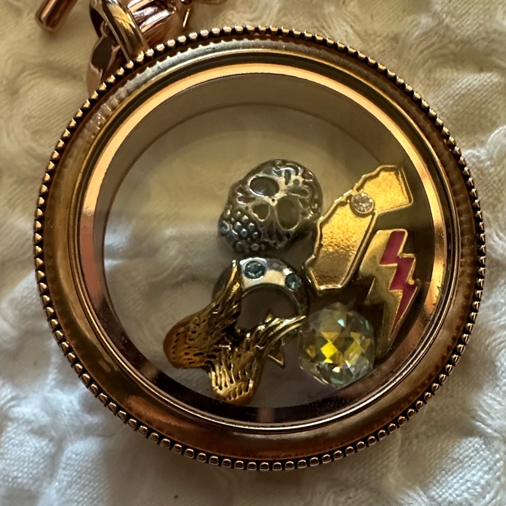 Origami Owl Rose Gold clear locket with charms and chain